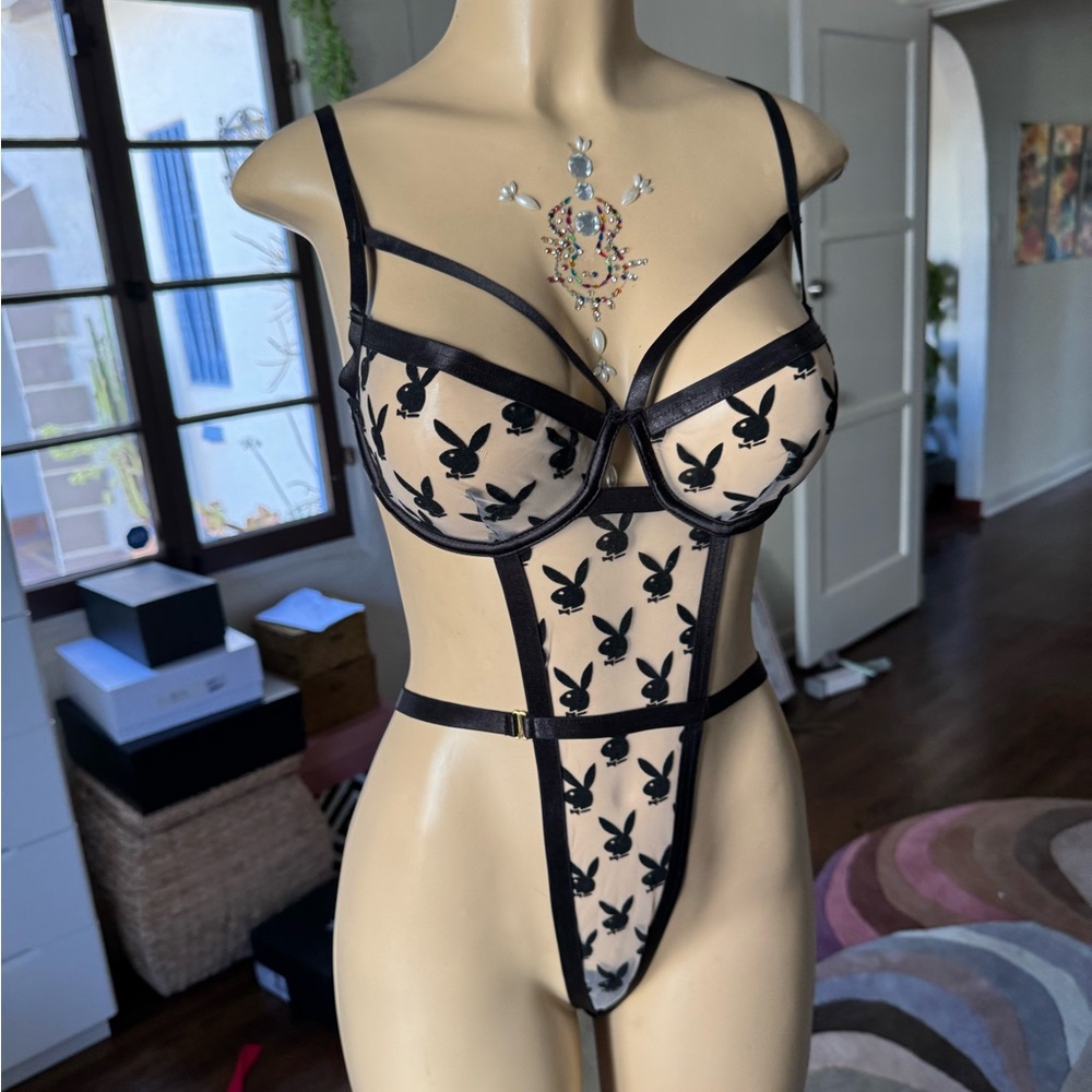 PLAYBOY sheer mesh super sexy cut out bodysuit/teddy w/ black velvet bunnies